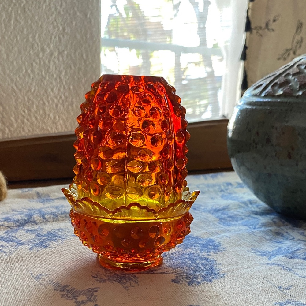 Vintage Amberina, fairy lamp, hobnail glass